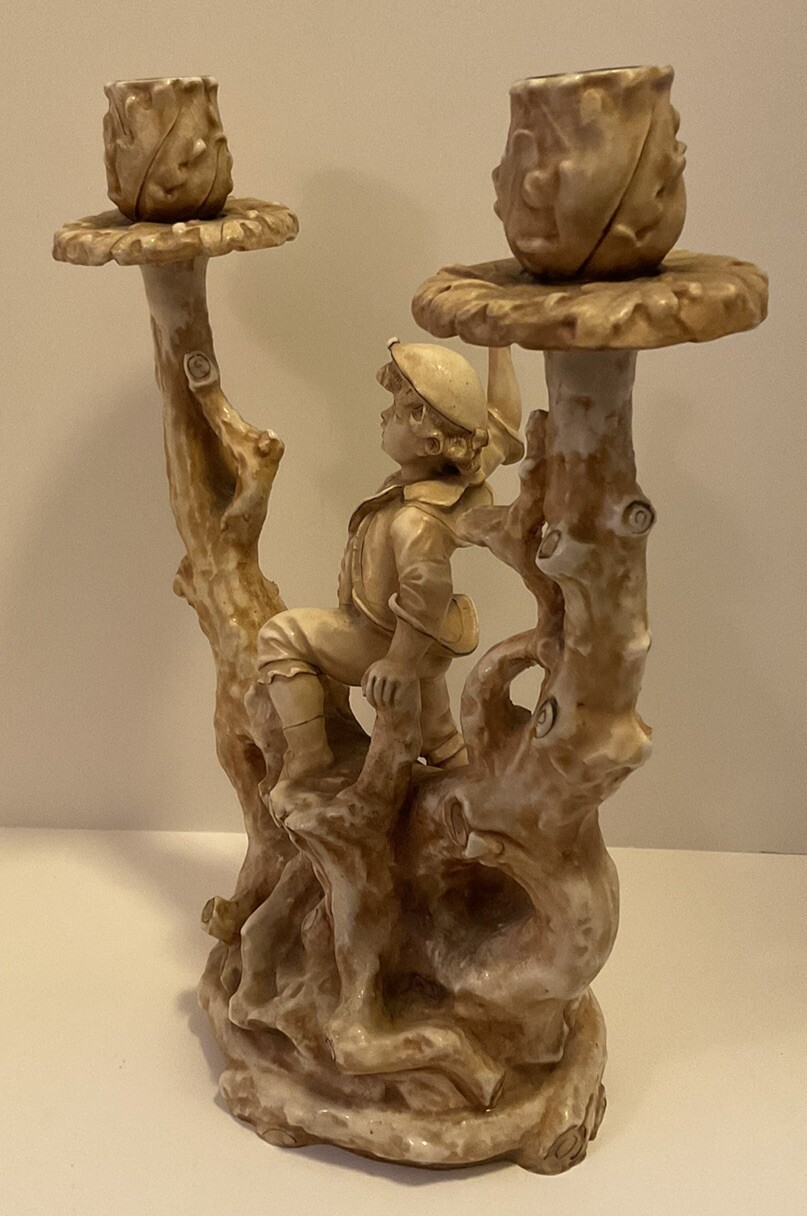 ANTIQUE ROYAL WORCESTER FIGURAL CANDLE HOLDER DOUBLE CANDELABRA BOY FIGURE RARE