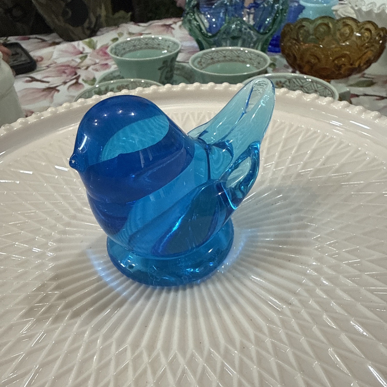Vintage Blue Bird Of Happiness Blown Glass Figurine, Signed Leo Ward 1991