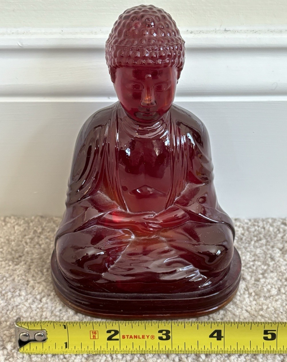 GILLINDER Red Glass Seated Sitting Buddha Figure 6″ Signed