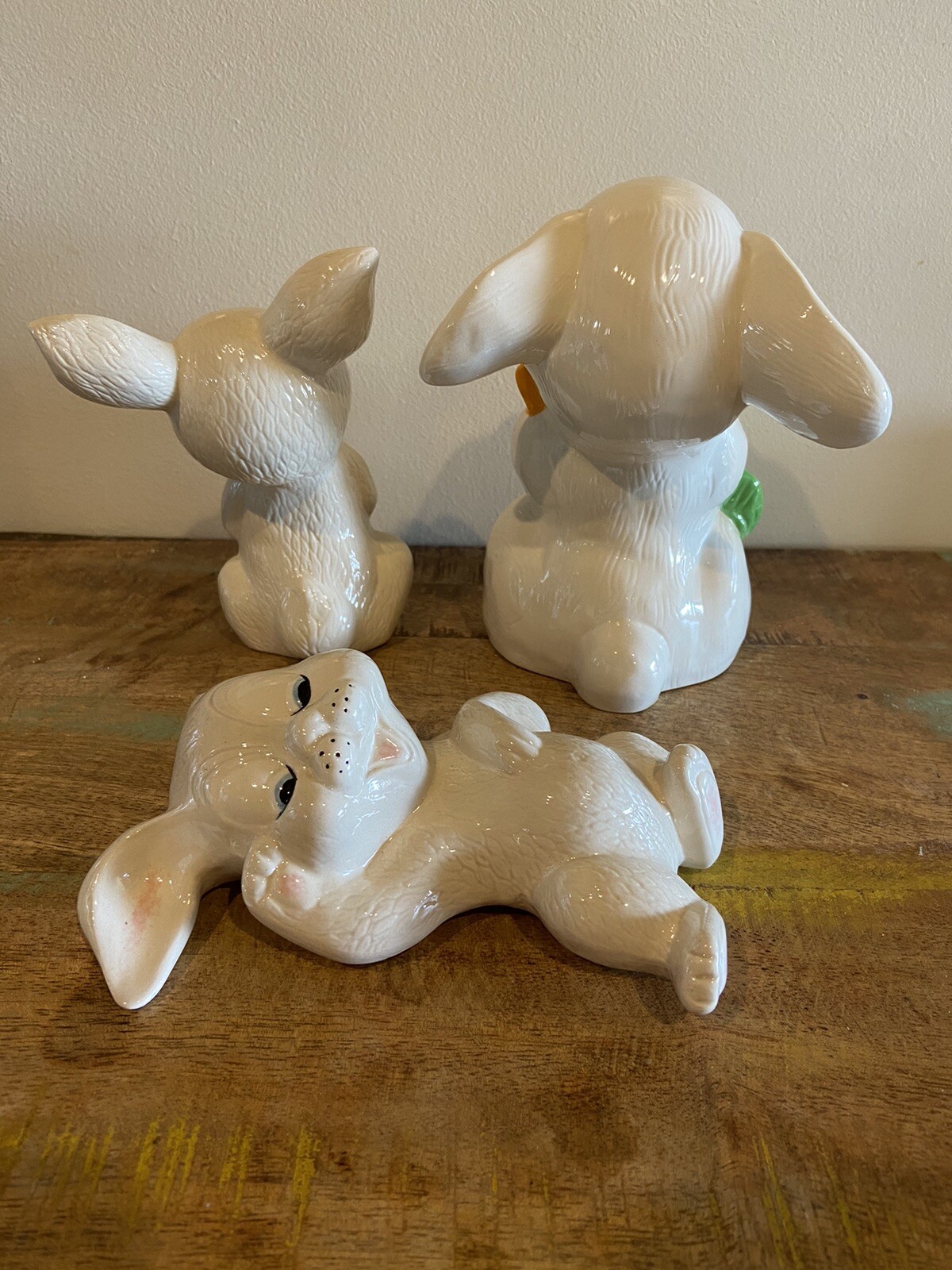Vintage Whimsical Art Pottery Happy Ceramic Bunnies Rabbits Figures Easter