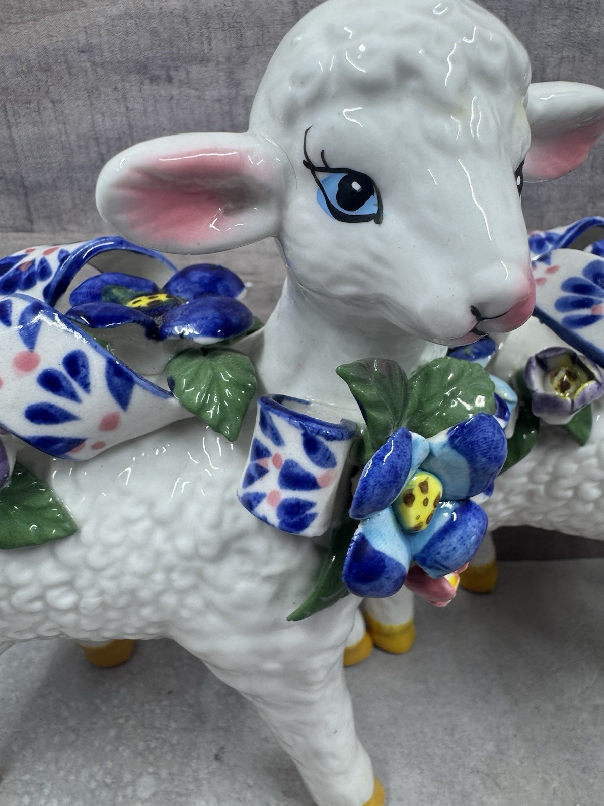 Vintage Porcelain LAMB Figurine Hand-Painted Flowers Capodimonte Style Set Of 2