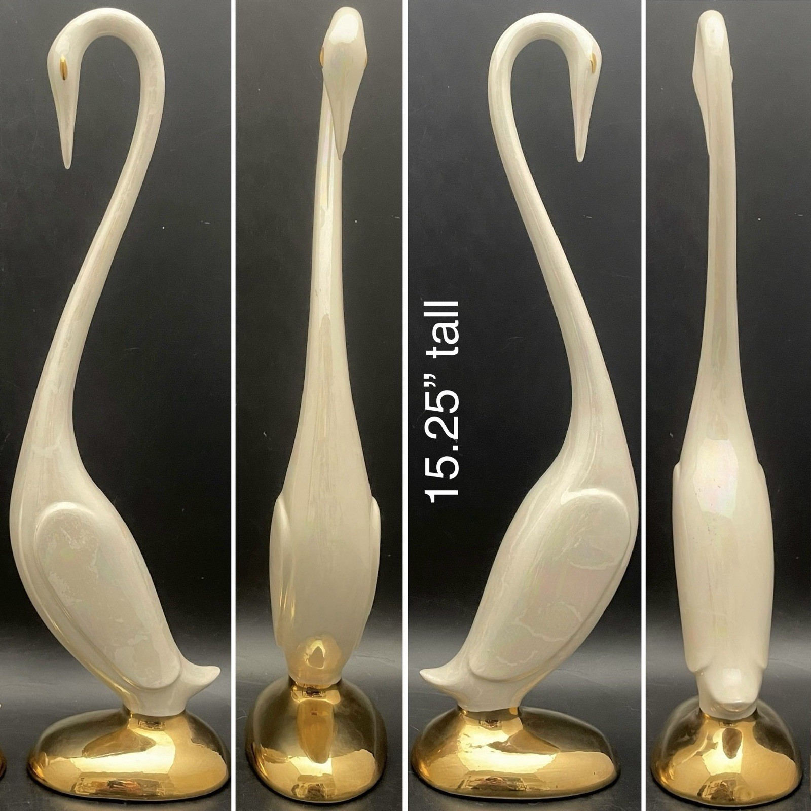 Arnel’s Gold & Iridescent Pearlized White Swan/Crane/Egret 2pc Figures 14 & 15″t