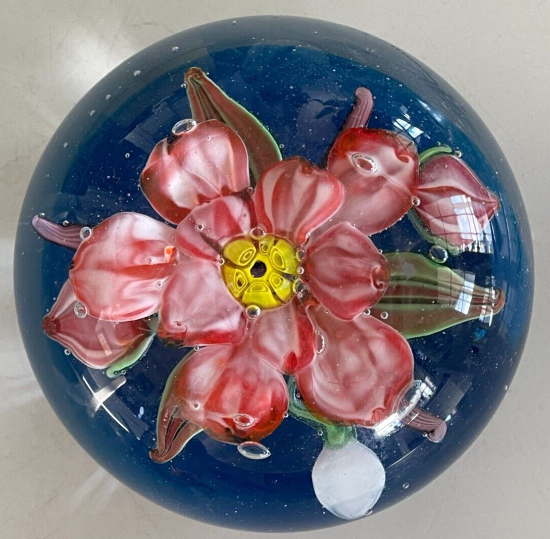 Vintage Italian Art Glass Paperweight Floral Controlled Bubble Blue Pink +