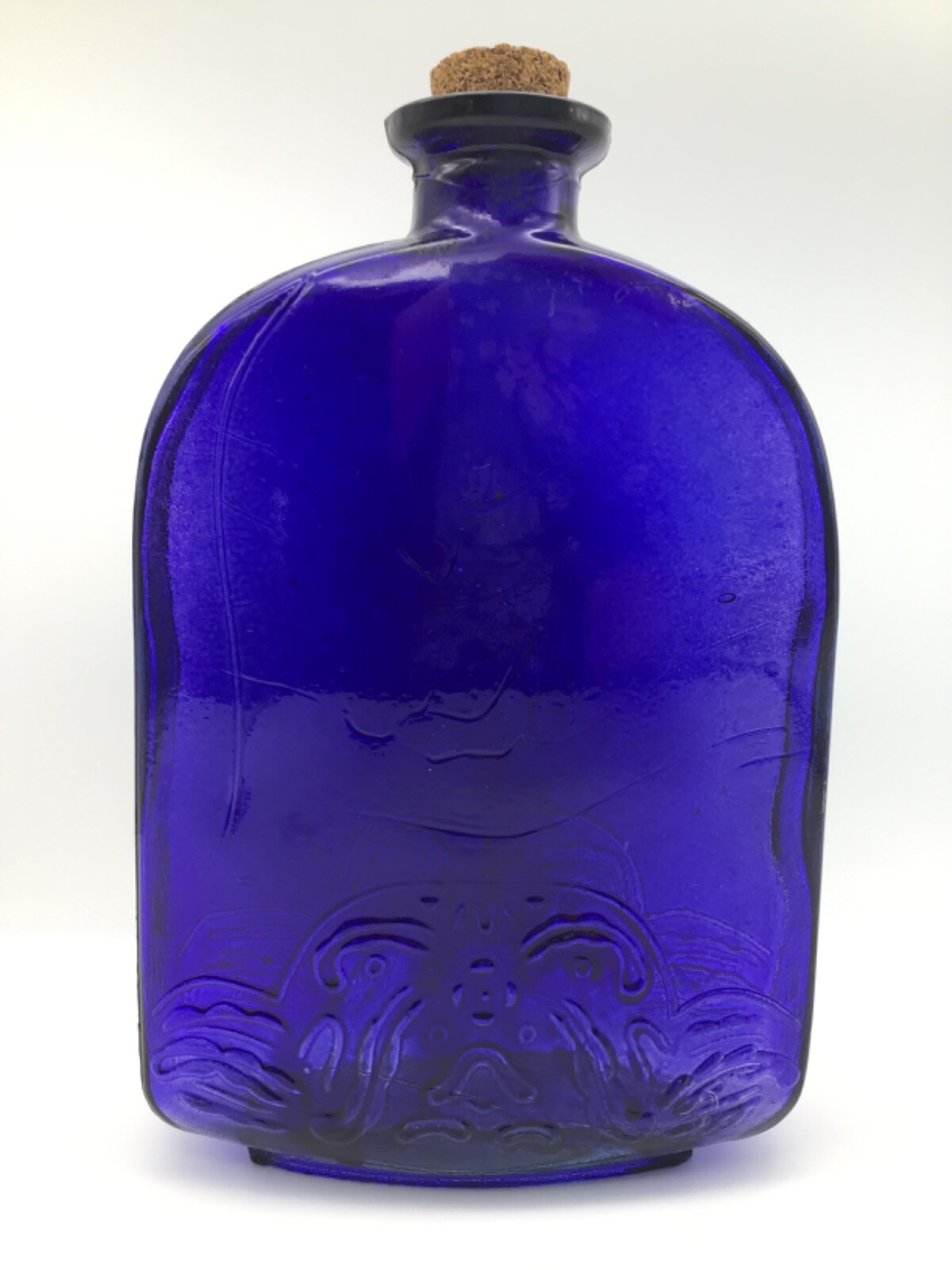 Cobalt Blue Glass Embossed European Bottle Floral/Art Motif 8.5 inches