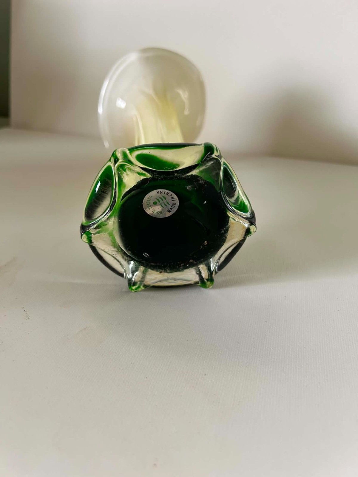 Vintage Calla Lily Jack-in-the-Pulpit Vase Yellow, White & Green 8″ Art Glass