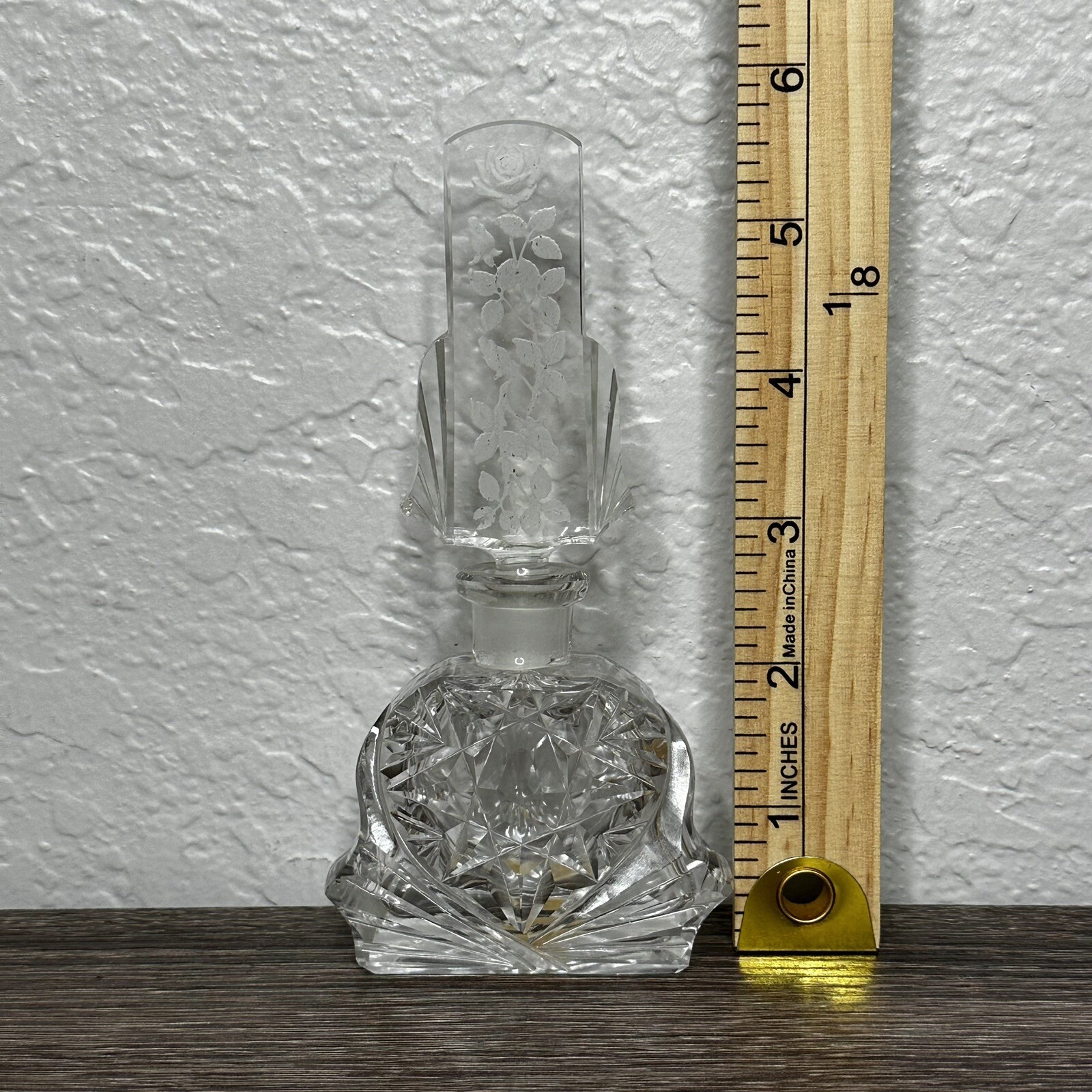 Art Deco Perfume Bottle Made In Czechoslovakia Glass Intaglio Rose Stopper