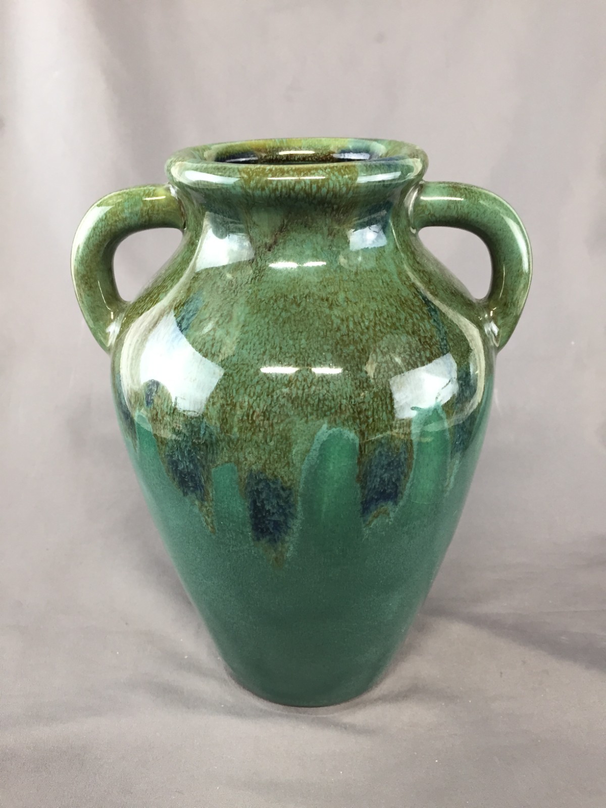 VTG Art Deco Glazed Green & Blue Drip Double Handle Stoneware 9″ Tall Vase Urn
