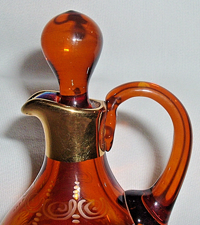 Venetian *Egermann Etched AMBER CLEAR GLASS GOLD GILT CRUET *Deer *Castle *Birds
