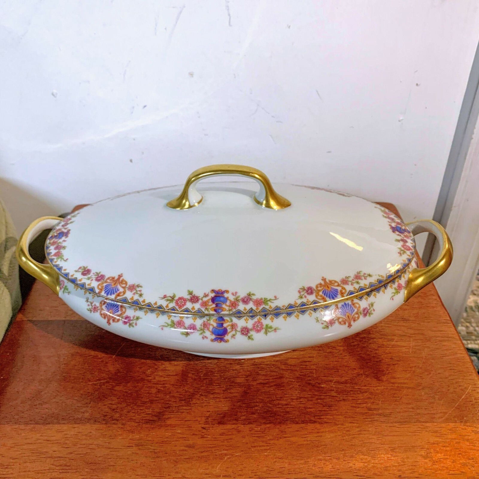 Antique Mavaleix & Granger Limoges Blue Triangles, Urns & Fans, Floral Oval Dish