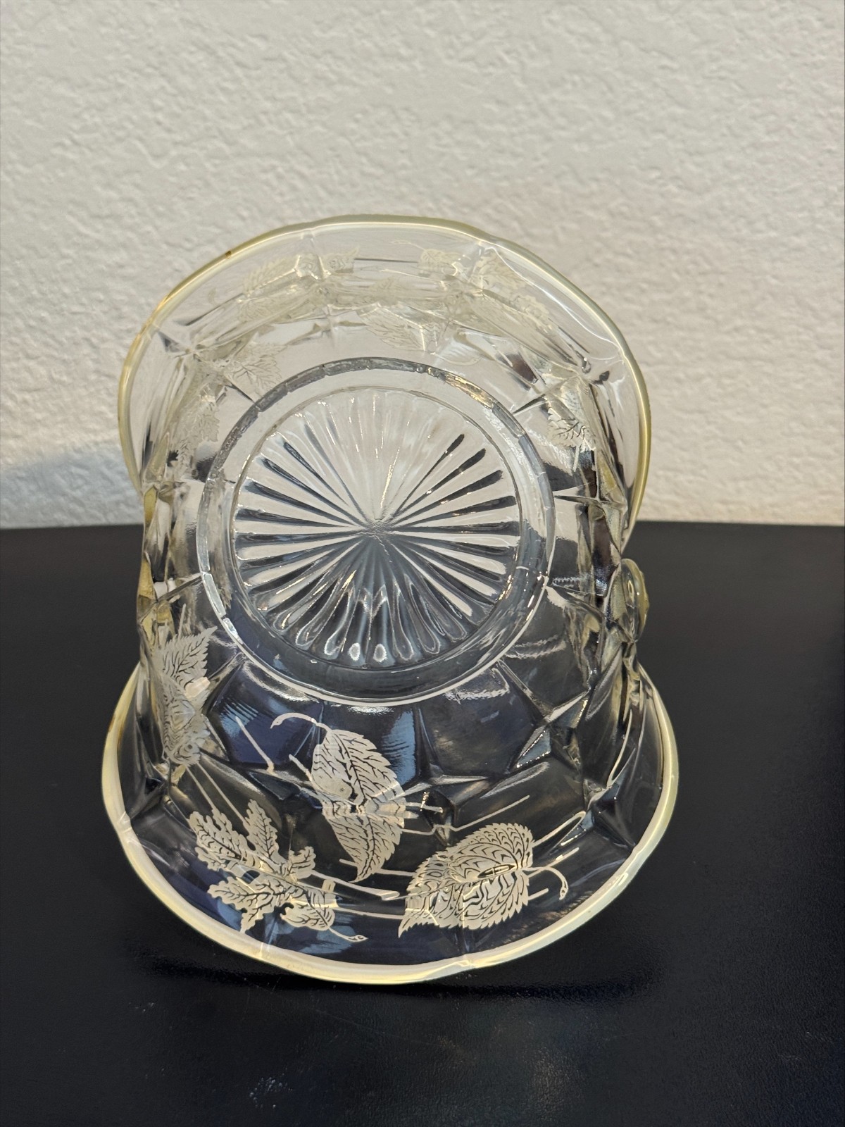 Vintage Cut Crystal Basket Silver Overlay Leaf Design Starburst Base Mid-Century