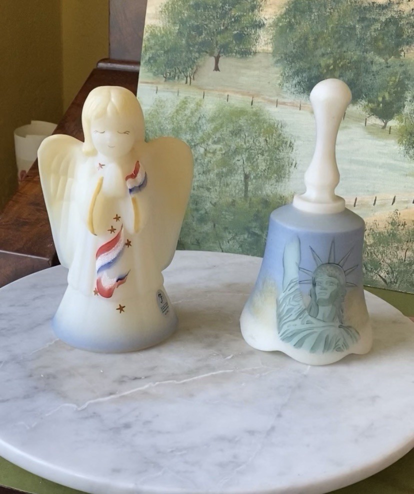 Fenton Satin Custard Glass Angel and Bell Patriotic Stars Strips Red White Blue