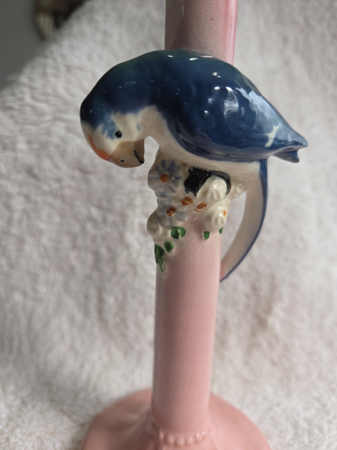 Vtg Pink Long Vase, Pink, Blue, White & Floral / Parrot