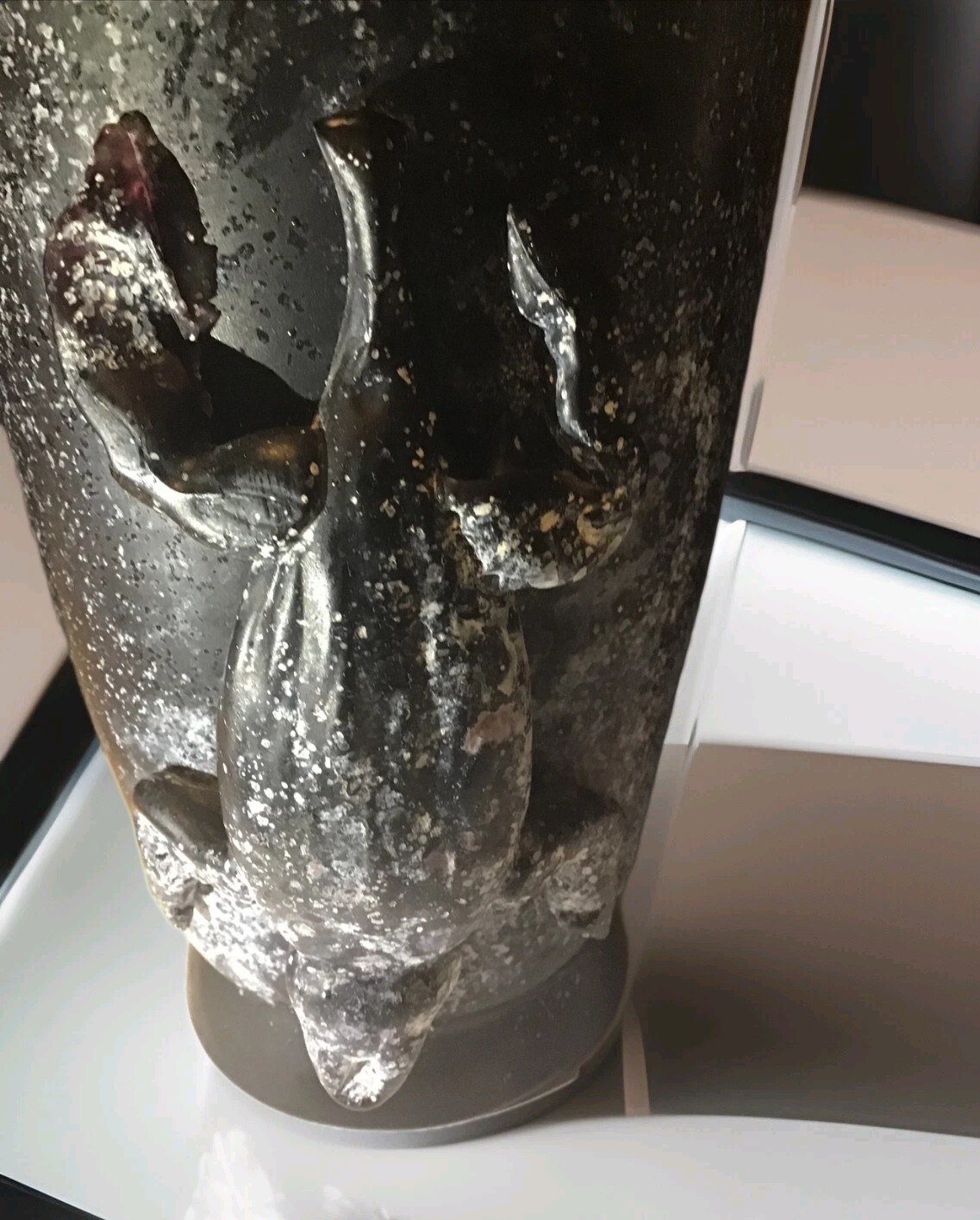 Vase Black & White Specks Stone 3D Alligator Heavy 8 1/2” Tall HTF OOAK