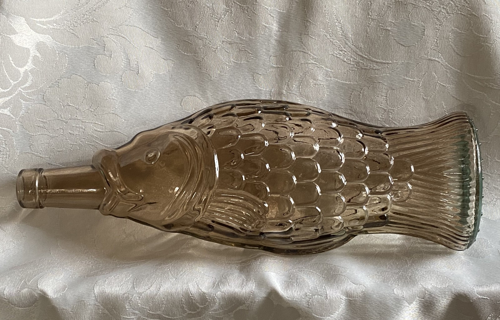 Unique Smoky Amber Fish Glass Bottle 13″ Detailed Coastal Nautical Vintage Decor