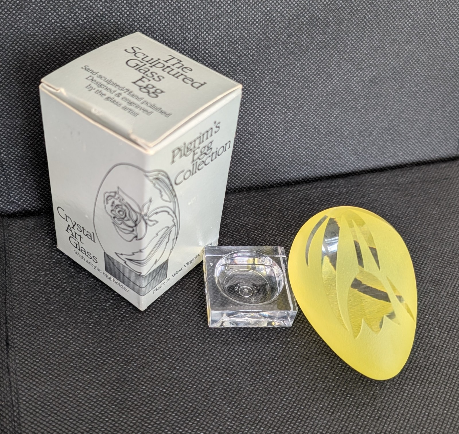 Vtg Pilgram Glass Sand Carved Egg Yellow with Tulips Original Box Acrylic Stand