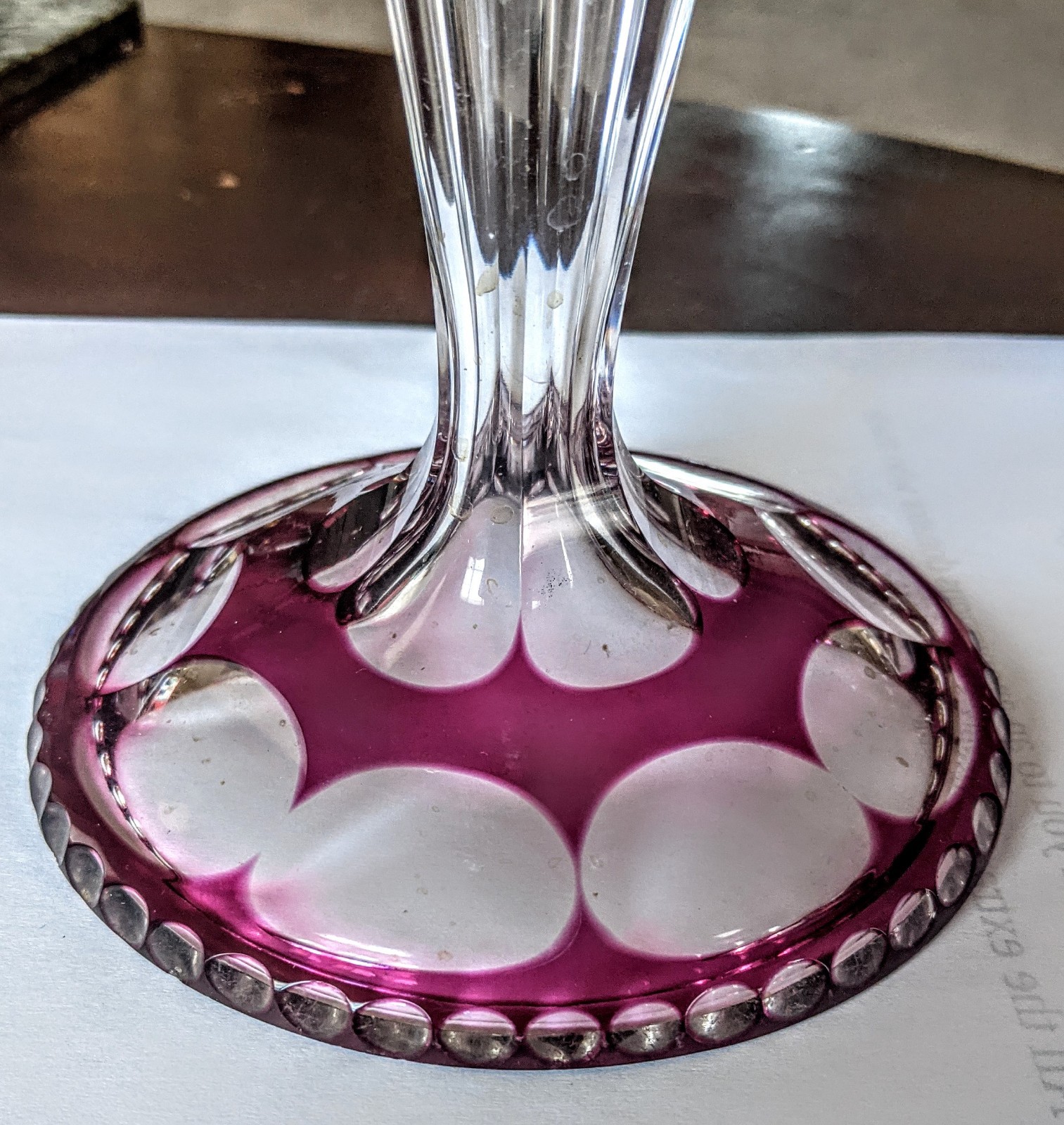 Val Saint Lambert Handblown Cranberry Cut to Clear Overlay Candlestick France