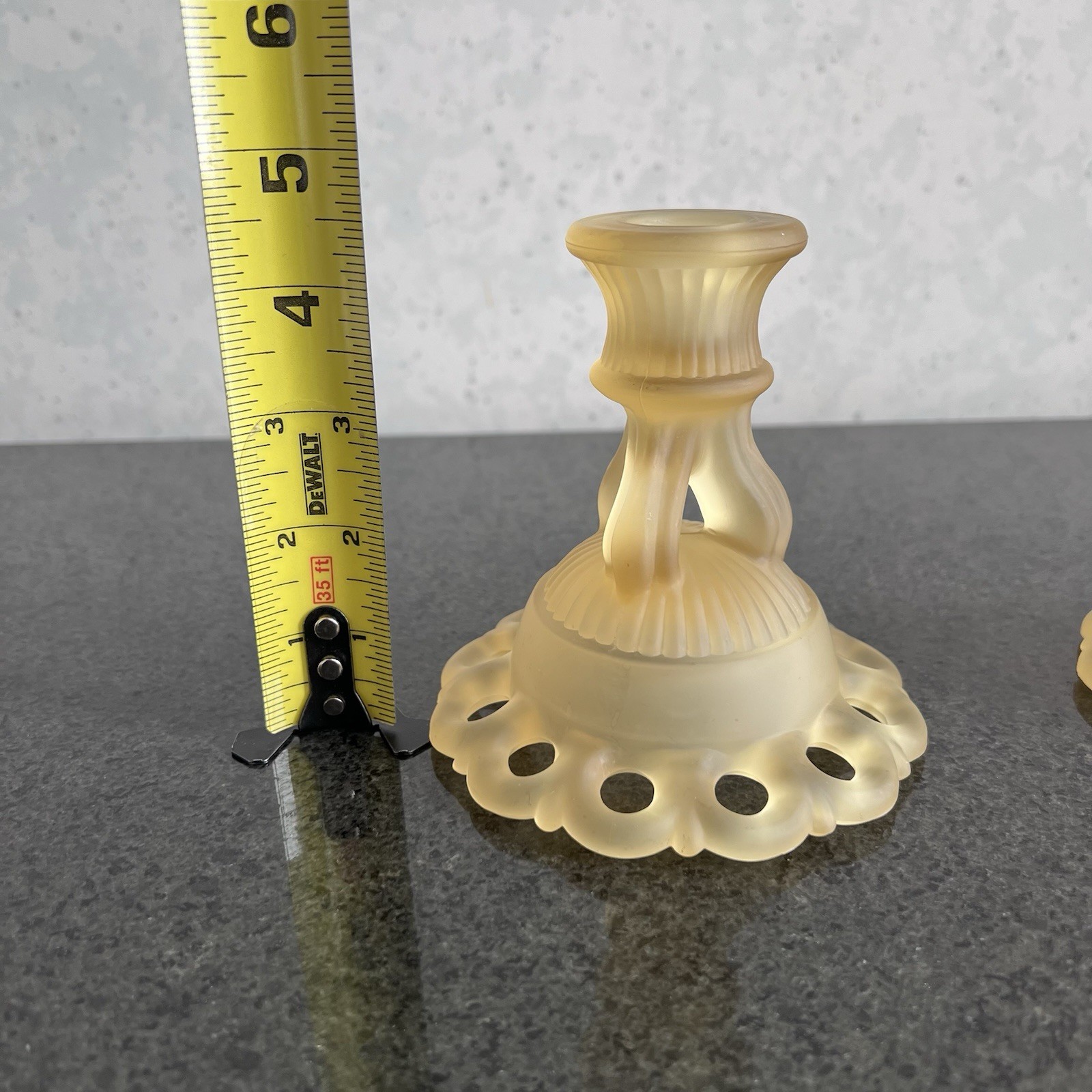 Westmoreland Yellow Satin Glass Doric Open Lace Candleholder Pair As Is*