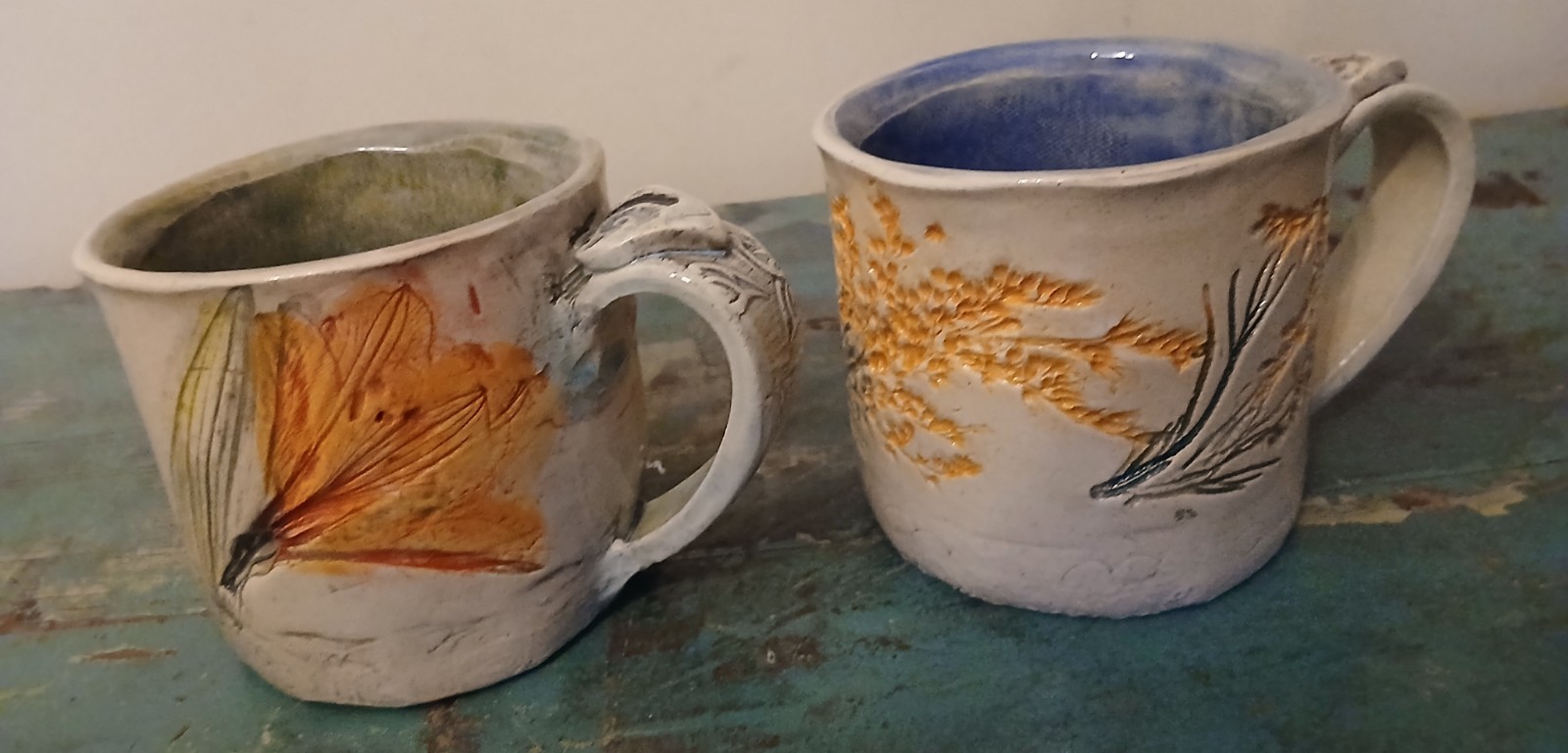 2 Handmade Pressed Flower Herb Pottery Mugs Gives Fossilied Effect. Unique NOS