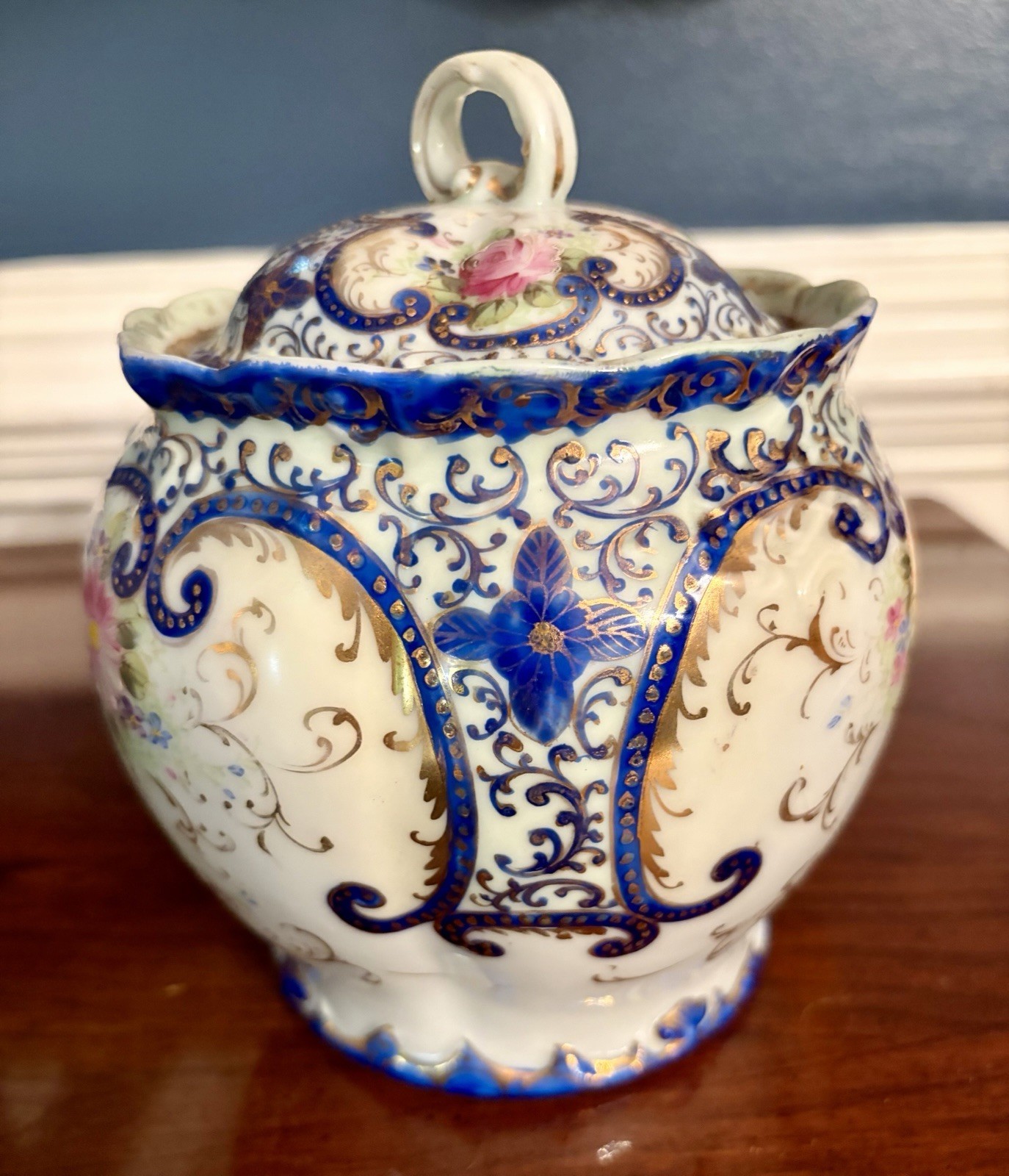 Antique French Hand Painted Porcelain Biscuit Jar w Lid; Blue w flowers & Gold