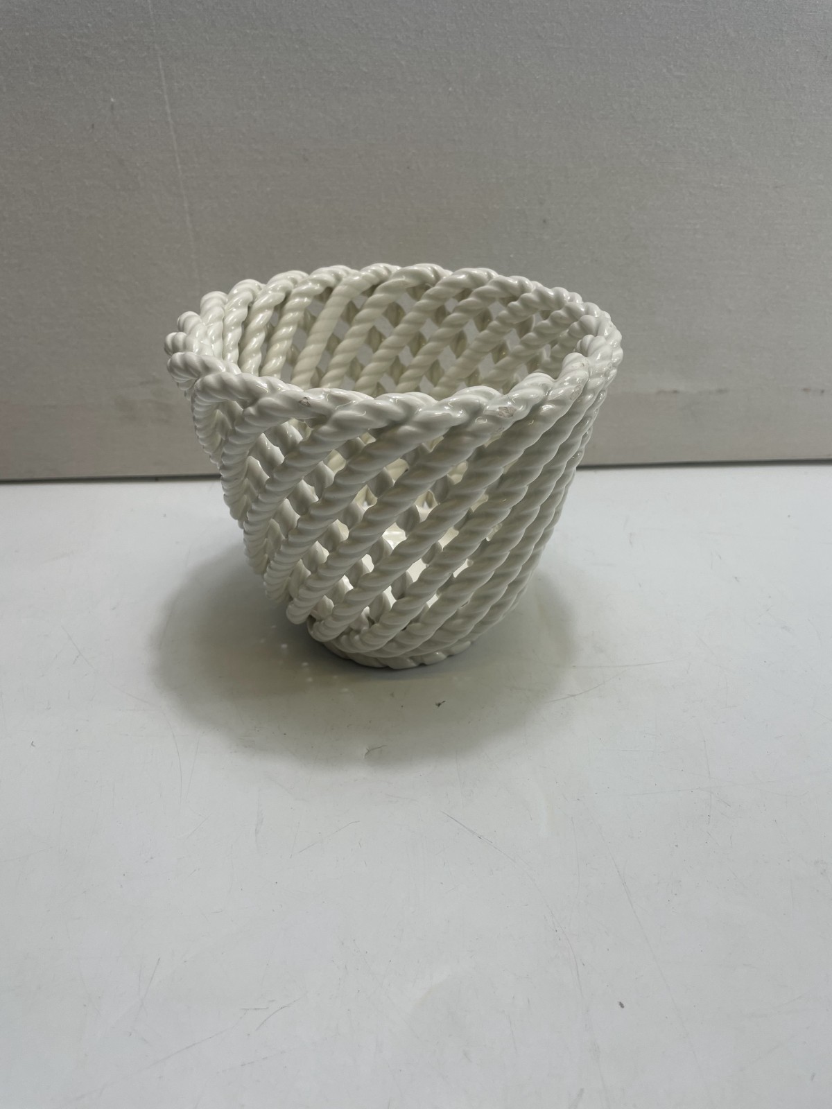Vintage Spanish Pottery Woven Basket Pot White Braided Ceramic Home Decorative