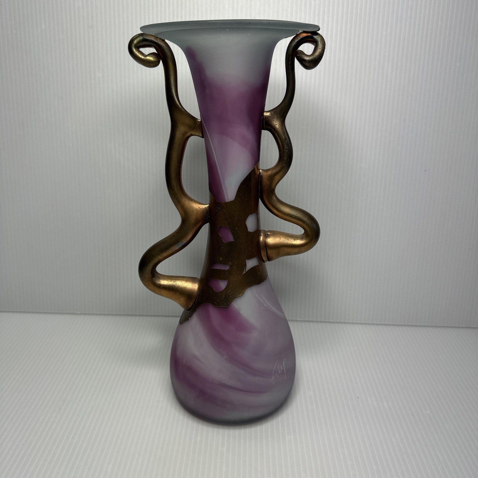 Filip Ravert Romanian Art Class Frosted Pink & White Swirl W/ Copper Overlay