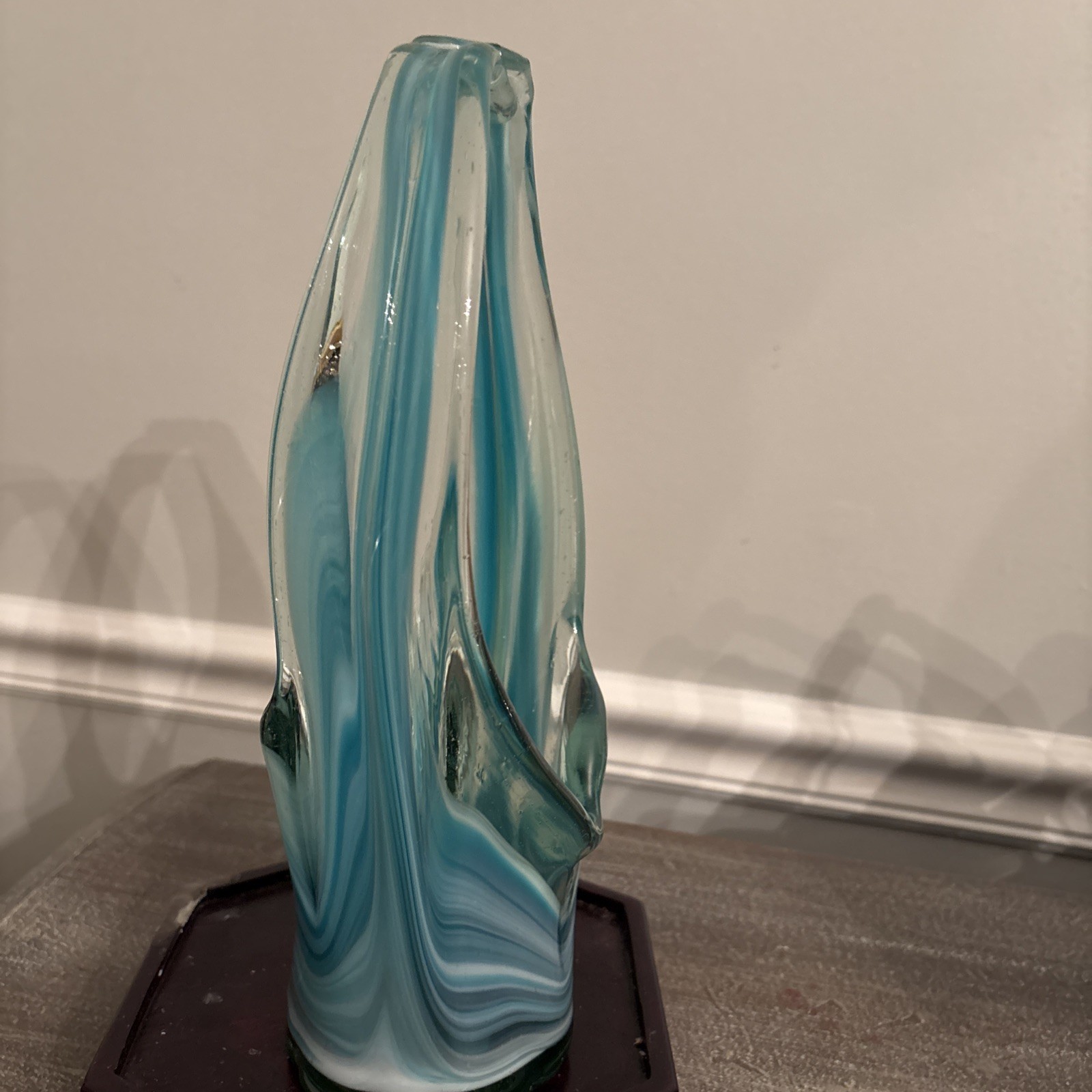 Vintage MCM Green Swirl Art Glass Murano Style Stretch Basket Vase 11.5”