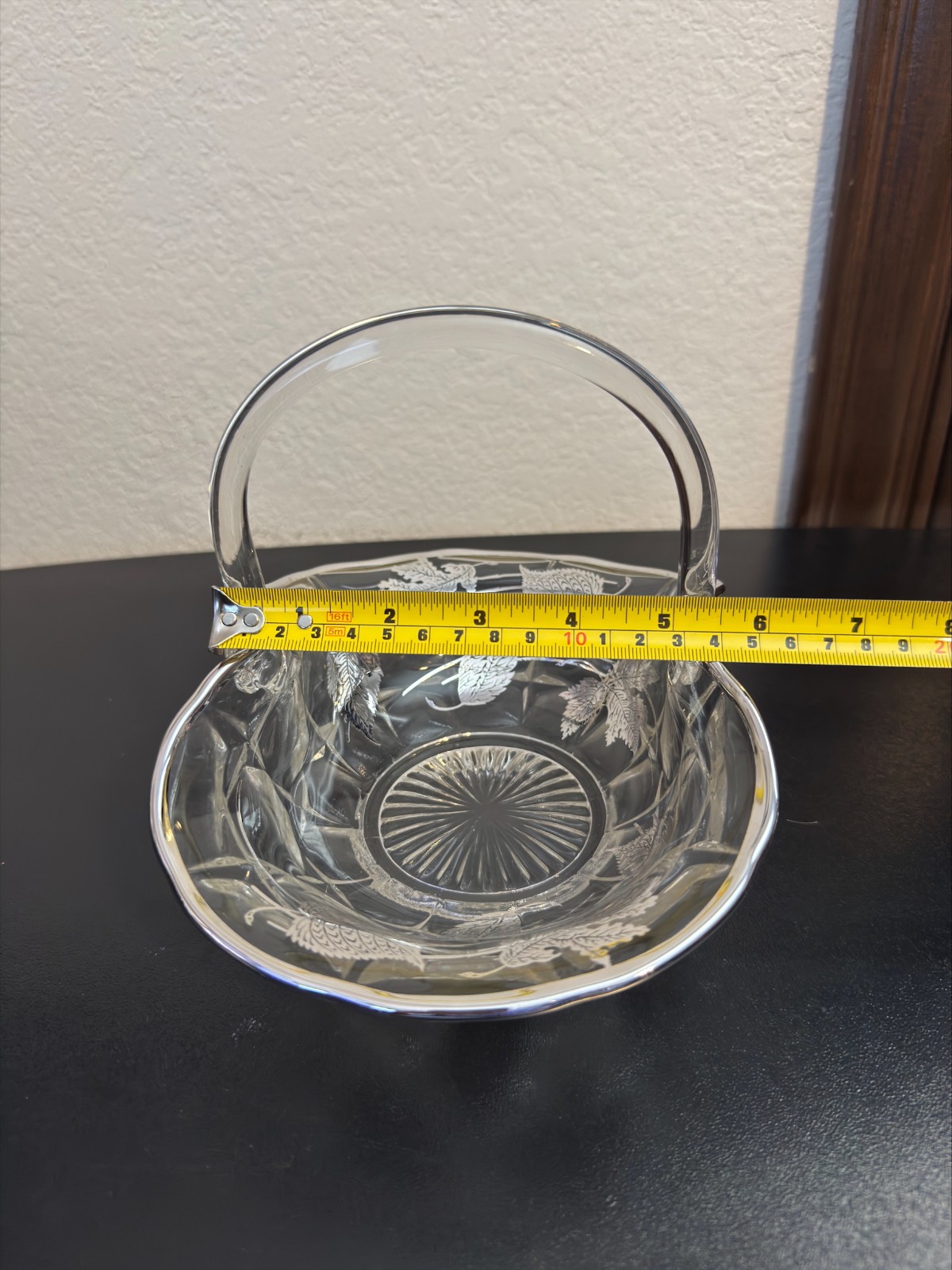 Vintage Cut Crystal Basket Silver Overlay Leaf Design Starburst Base Mid-Century