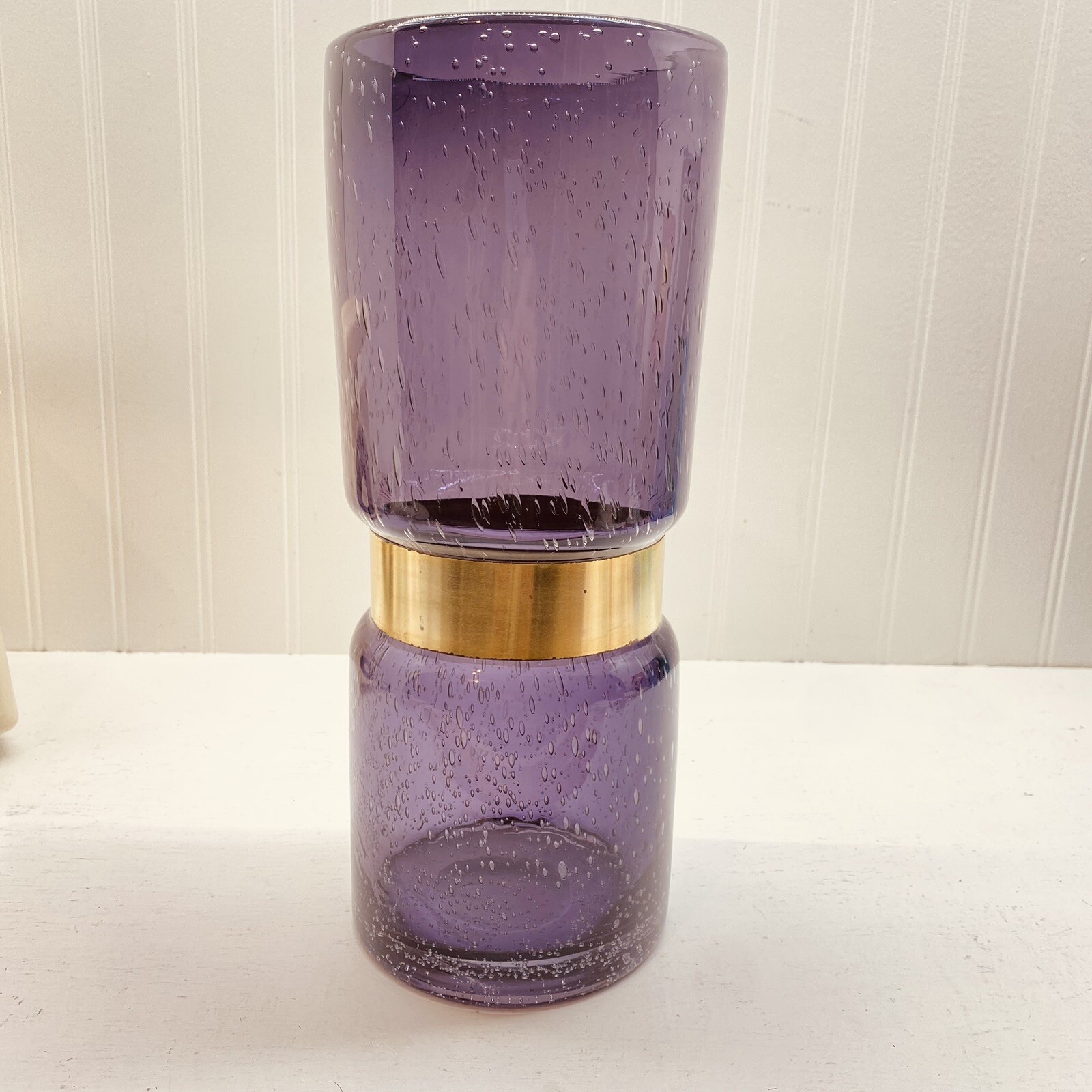 12” Moser Style Blown Glass Vase Gold Incised Band Amethyst Purple