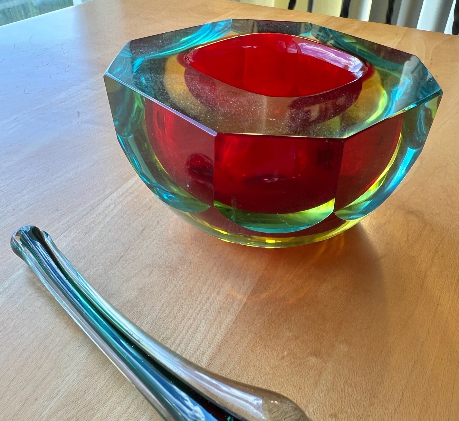 VINTAGE Faceted Red Murano Diamond Cut Glass Bowl