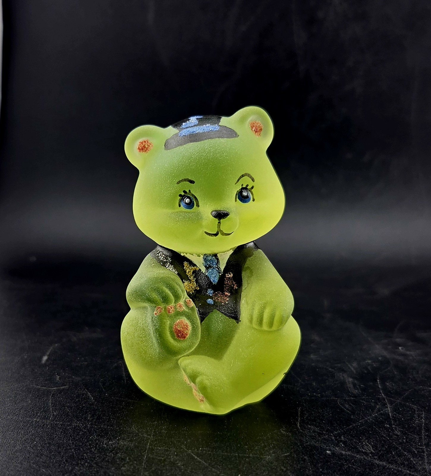 RARE Fenton Topaz Vaseline Glass Bear painted signed Marilyn Wagner Music Notes