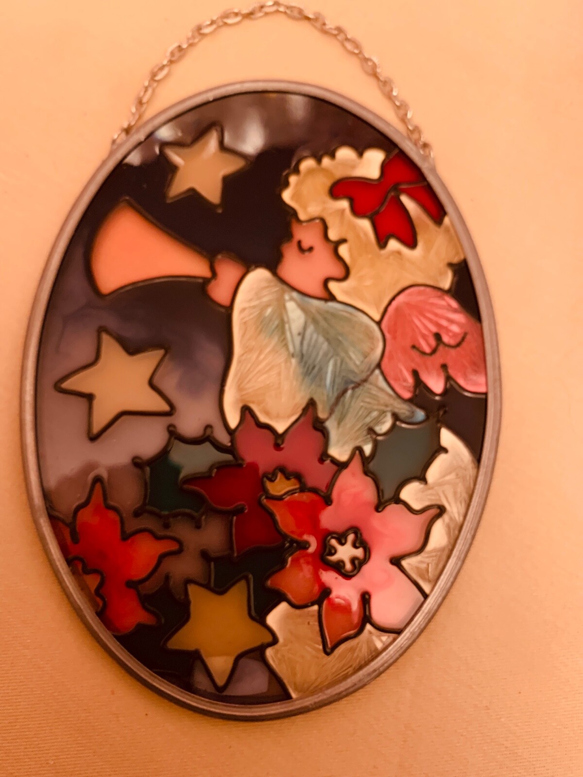 Angel stained glass color mosaic oval hanging ornament 4.75 x 3.5 inches PMRB1A