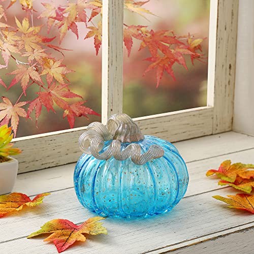 Hand Blown Glass Pumpkin Decor 5.25″ Blue – Artisan Fall Table 5.25″H