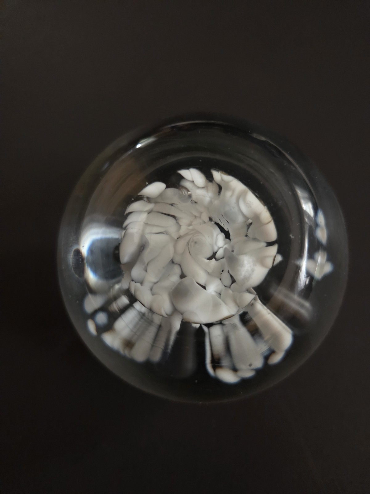Vintage HandBlown Clear Glass Paperweight with Controlled Bubbles, White Brown