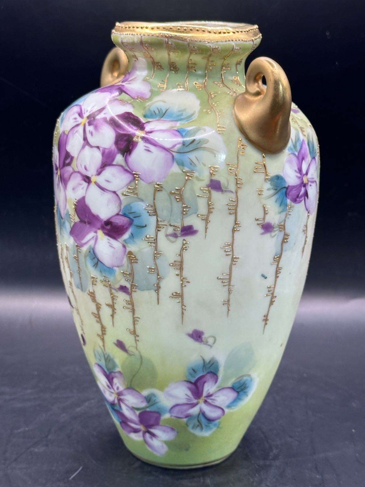 Antique Nippon Porcelain Amphora Vase Purple Violets Gold Moriage Art Nouveau