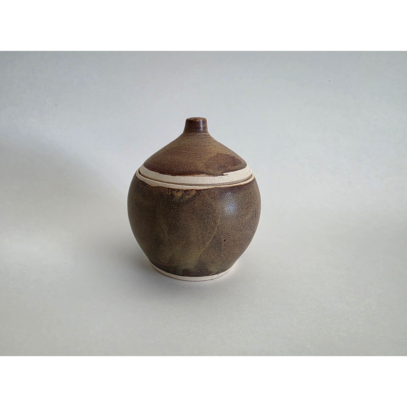 Handmade Studio Pottery Lidded Jar Signed EG – Brown Glaze, 4 x 3.25 in