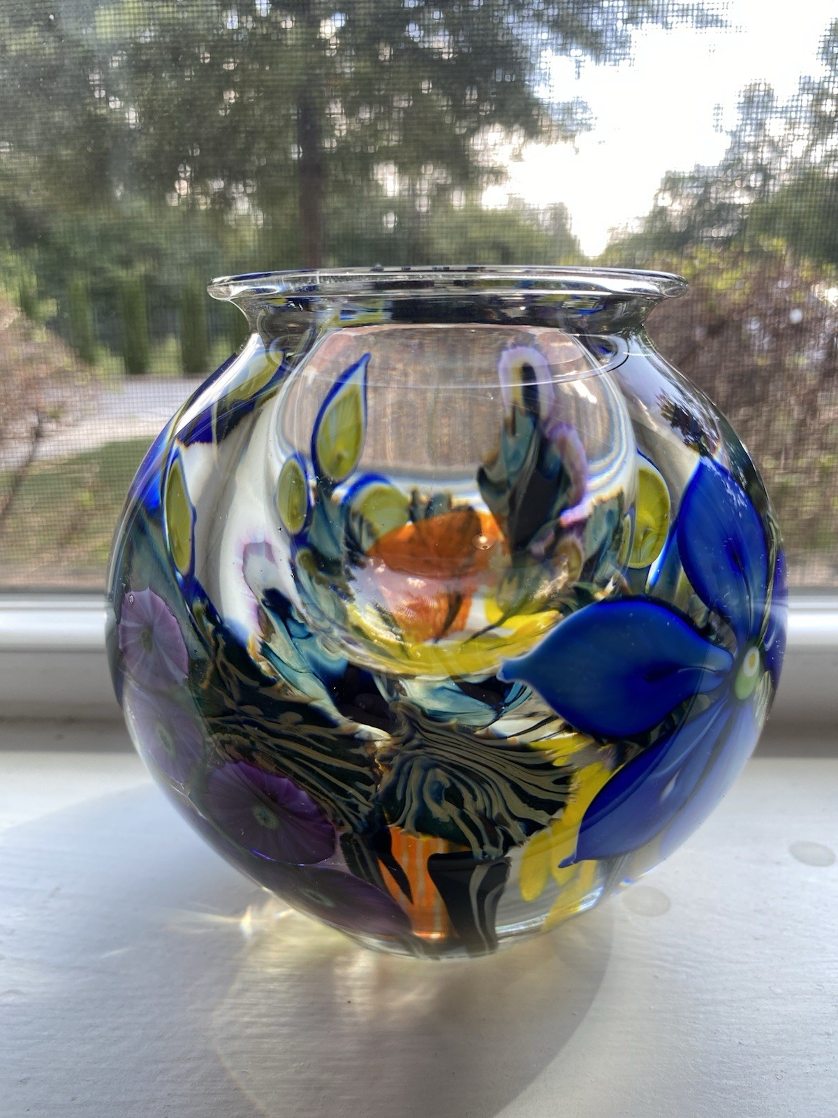 David Lotton Blown Glass Clematis & Hollyhock Organic Vase, 5×5 signed 2012