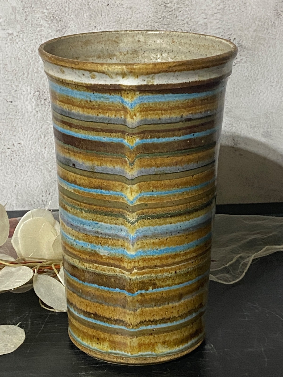 1970s Okela Stoneware Denmark Vase 8″ Tall Striped Mid Century Modern MCM