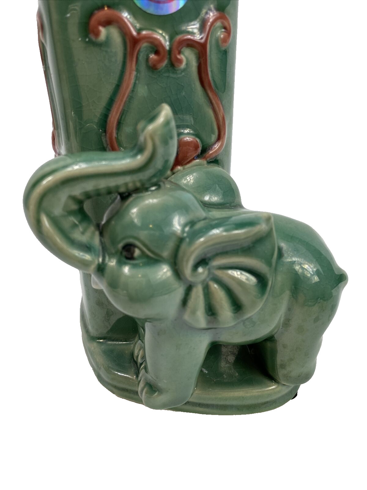 Vintage Art Pottery Shiny Glazed Heart Shape Green Bamboo Planter With Elephant