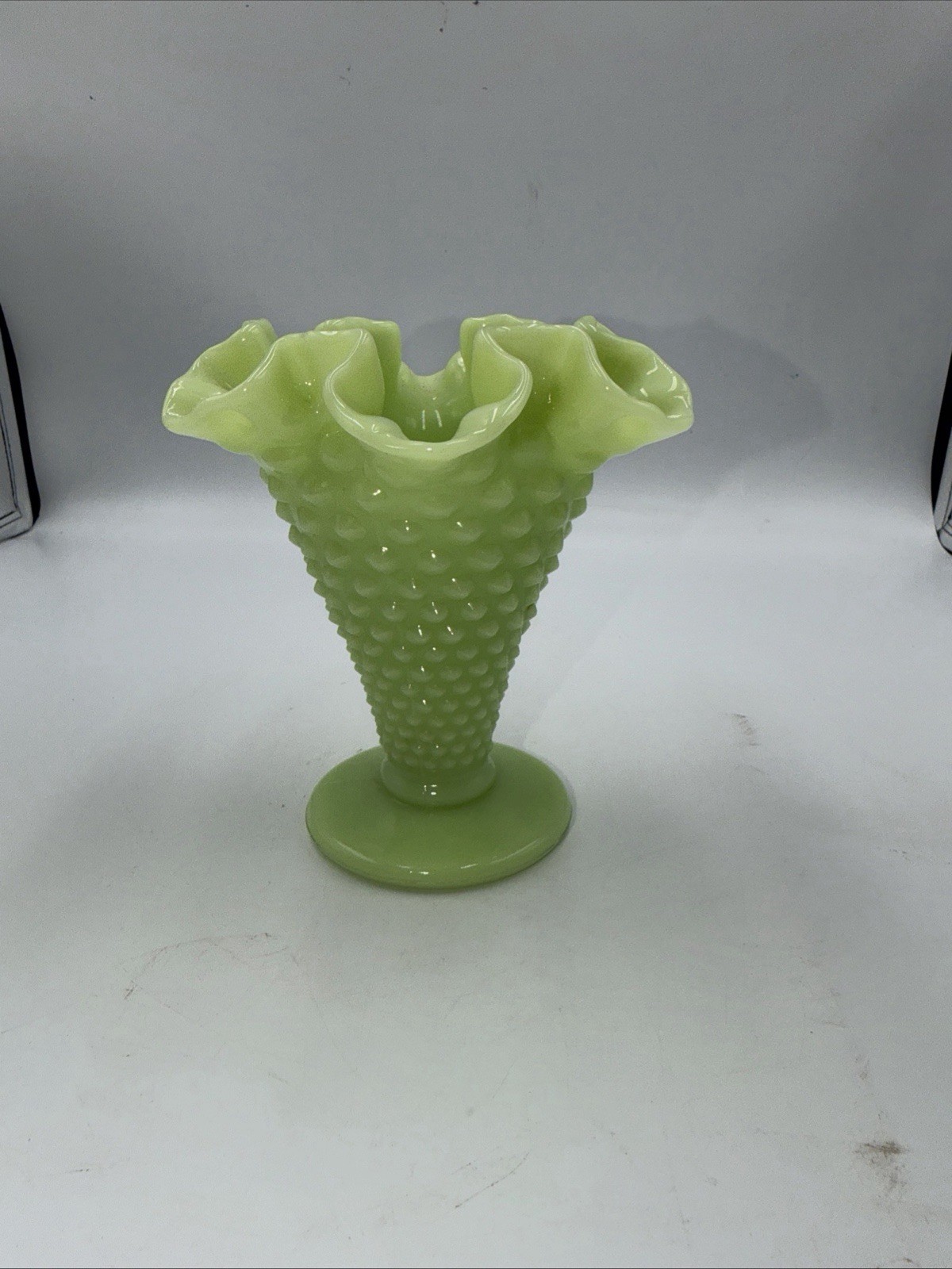 Vtg Fenton Lime Green Satin Custard Glass Hobnail Ruffled Vase 1970s