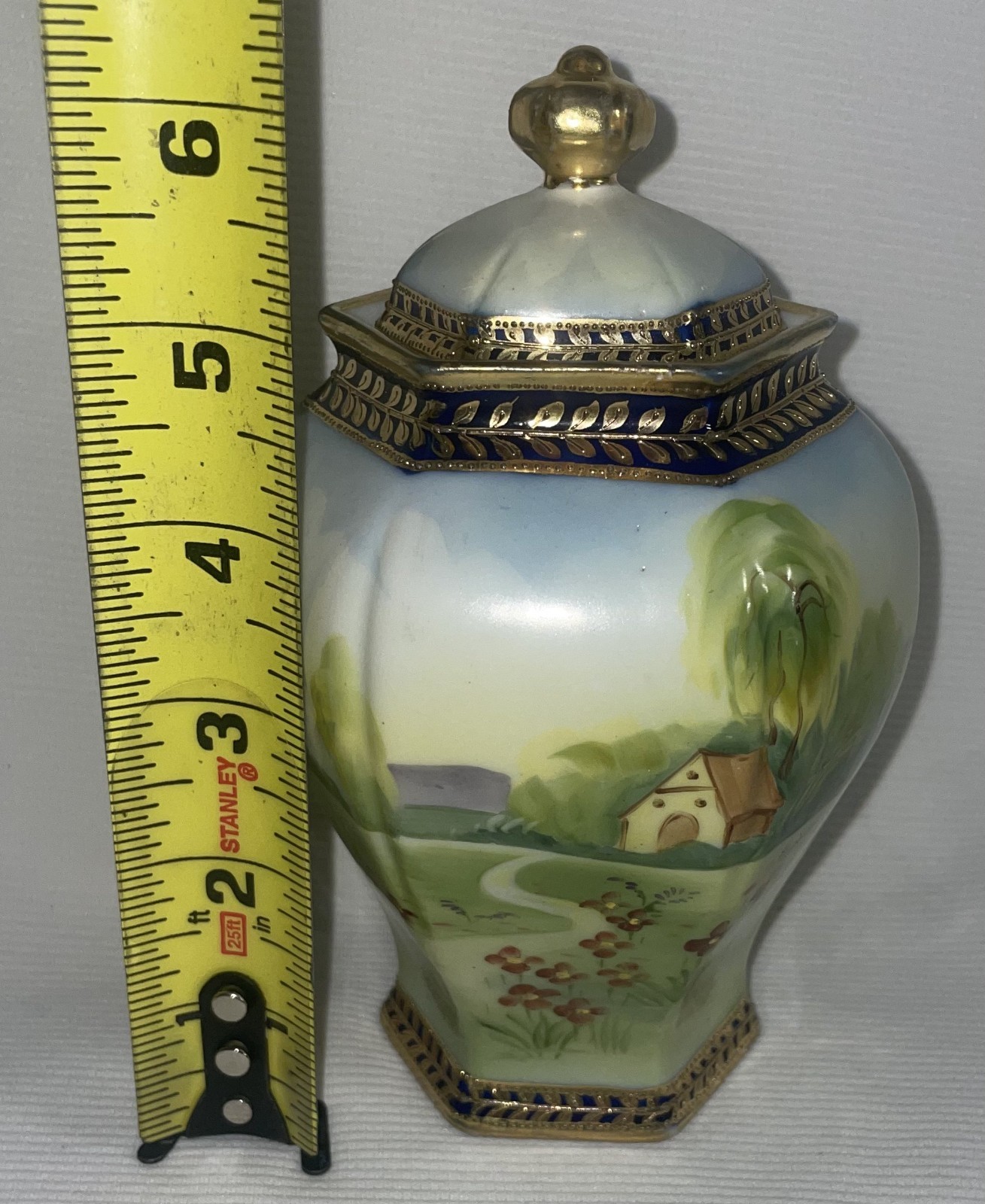 Vtg Nippon Hand Painted Lidded Jar Landscape Scene W/House 6 1/2 Inches High