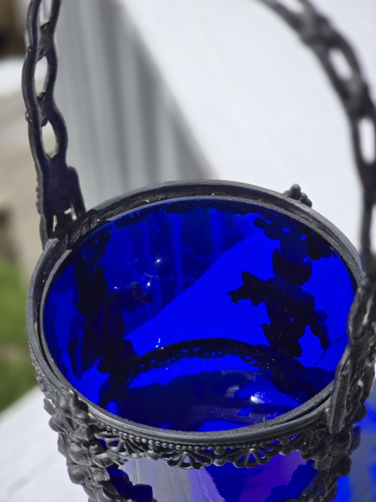 Metal Basket With Cobalt Blue Bowl
