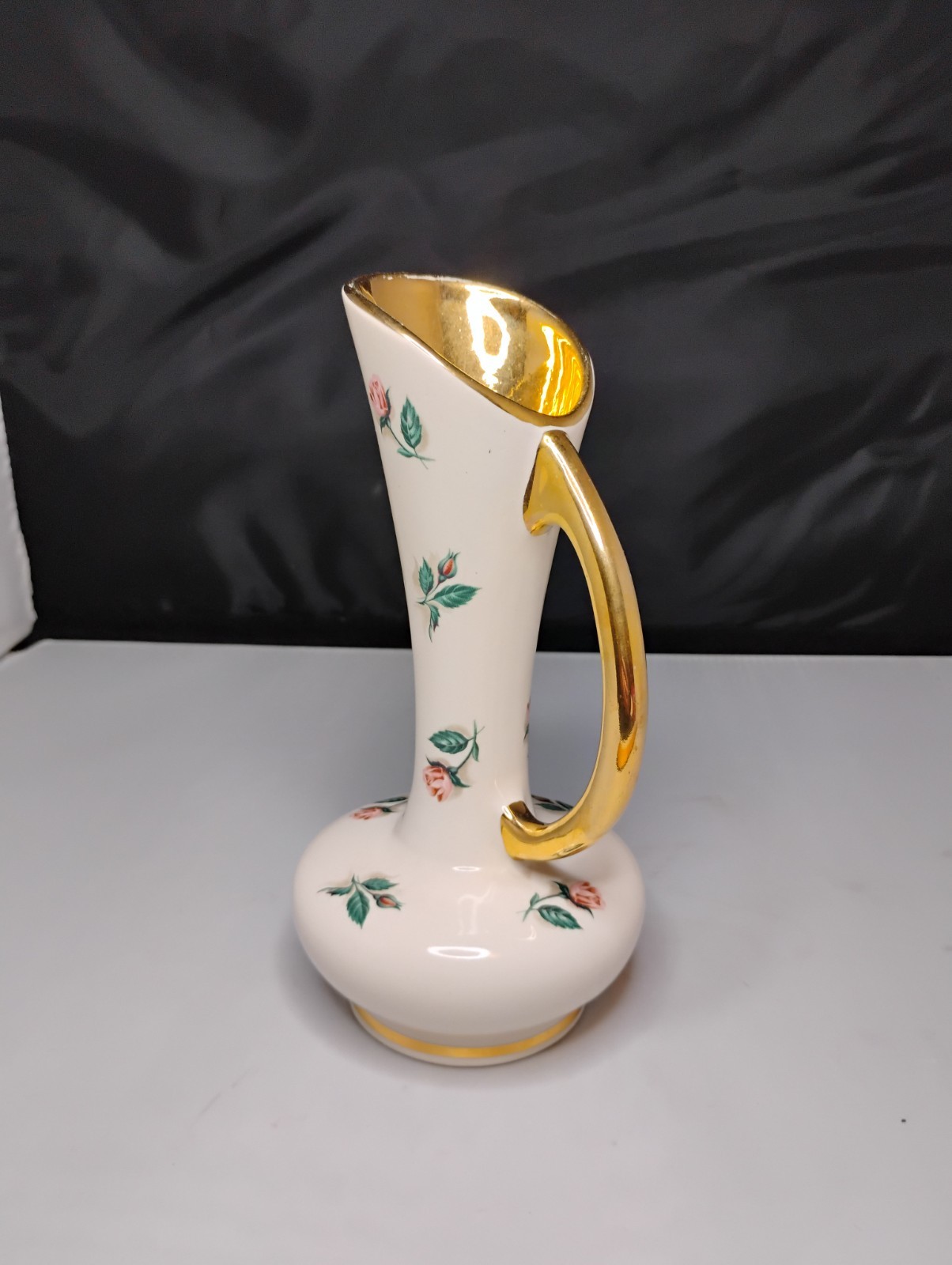 White Pink Floral Ceramic Decorative Vase with Handle Gold Leaf Vintage Decor