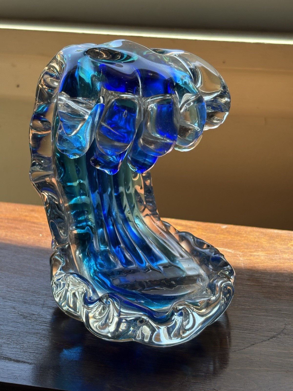 Hand Blow Rolling Ocean Coastal Table Top Nautical Art Glass Decor Blue