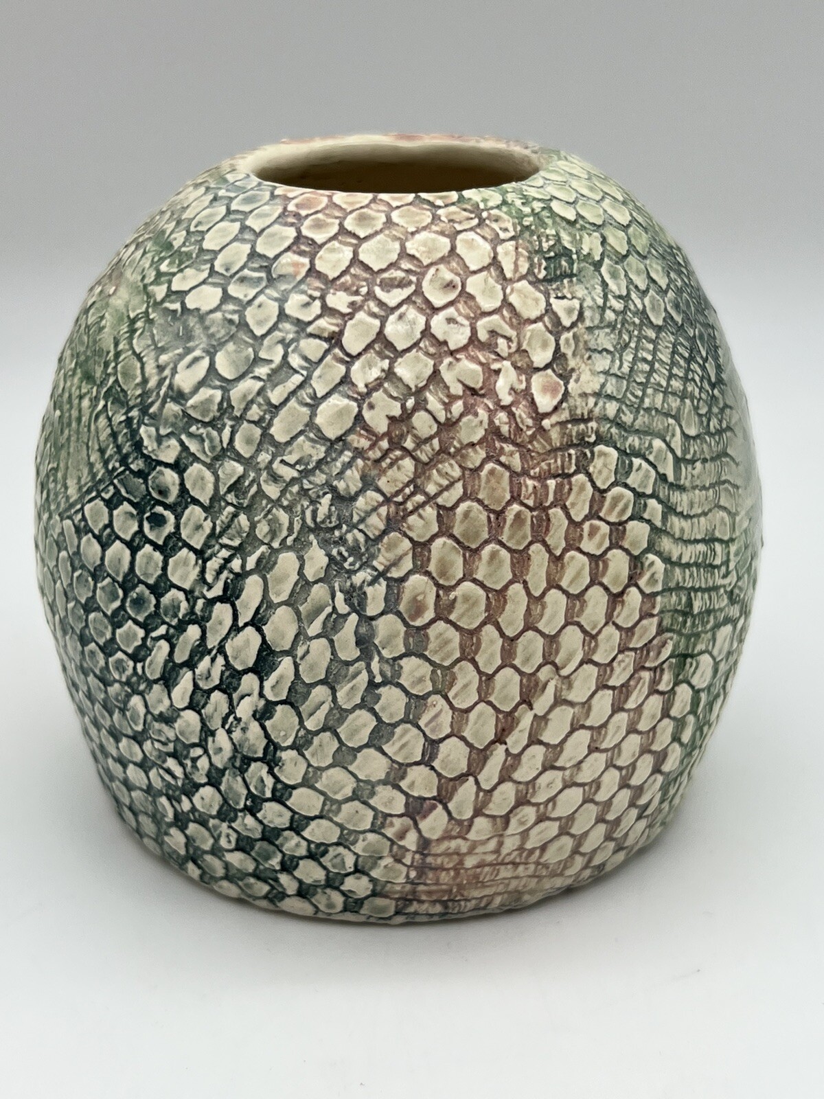 SLY Stamped Hand Made Ceramic Vase Snake Skin Design Multicolor Pottery Studio
