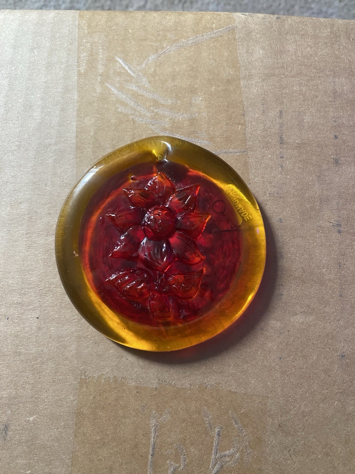 Blenko Glass Flower Suncatcher Amber/Red