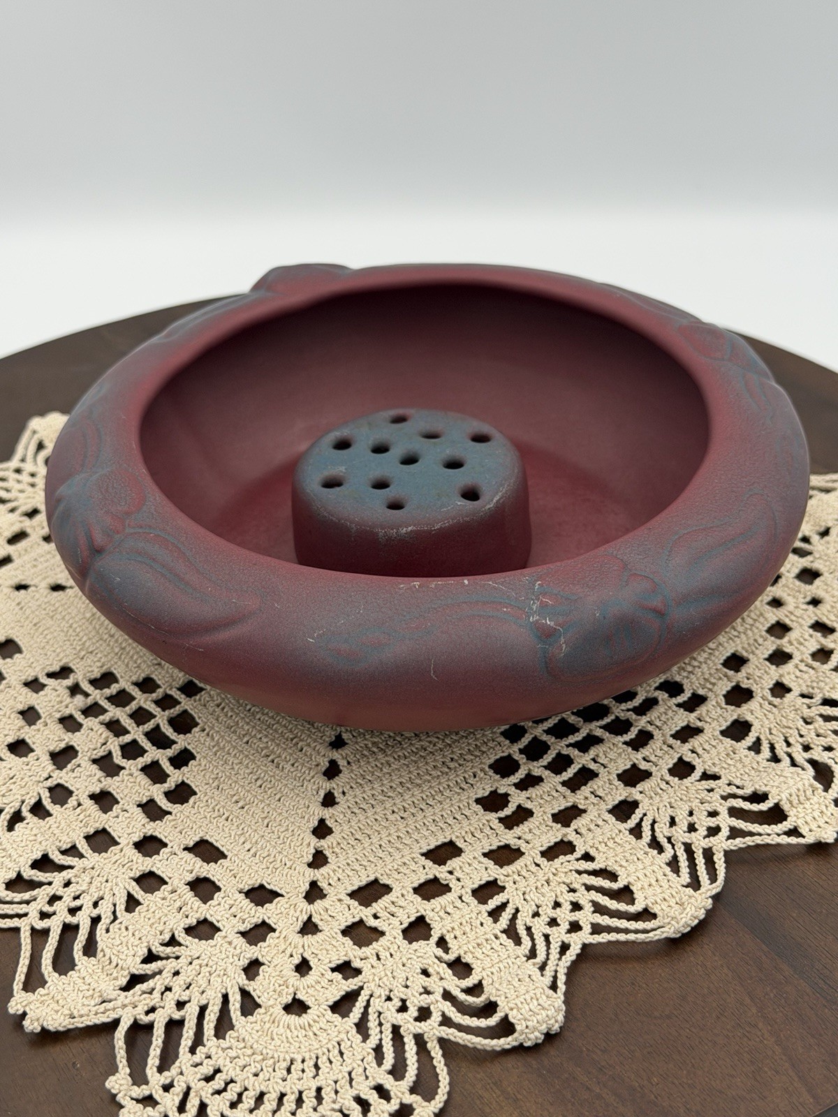 Van Briggle Art Pottery Mulberry Matte Glaze Flower Bowl w. Flower Frog, Photo!