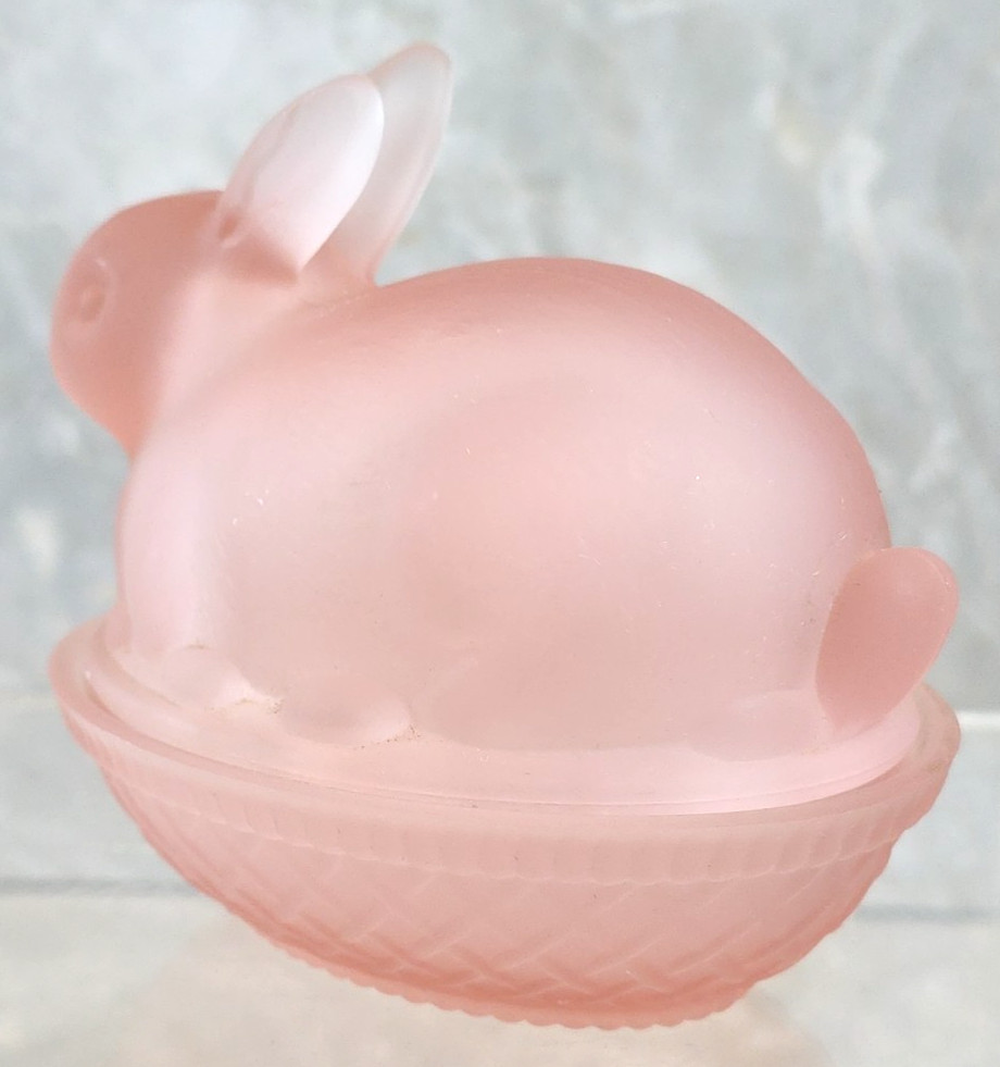 Vintage Pink Satin Frosted Glass Bunny Rabbit On Nest Covered Candy Trinket Dish