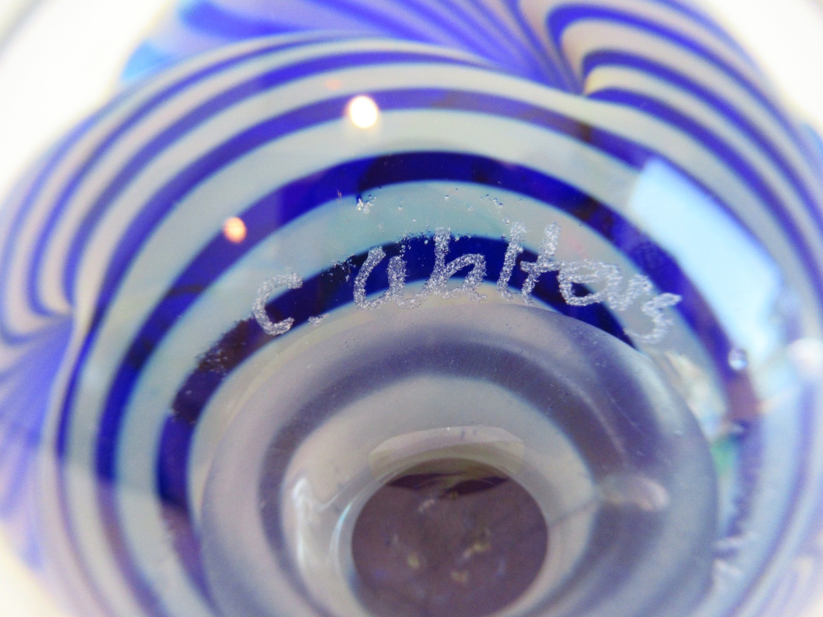 C. Walters Blue Swirl Glass Paperweight Signed C. Walters #12 3.25″ W x 1.25″ H