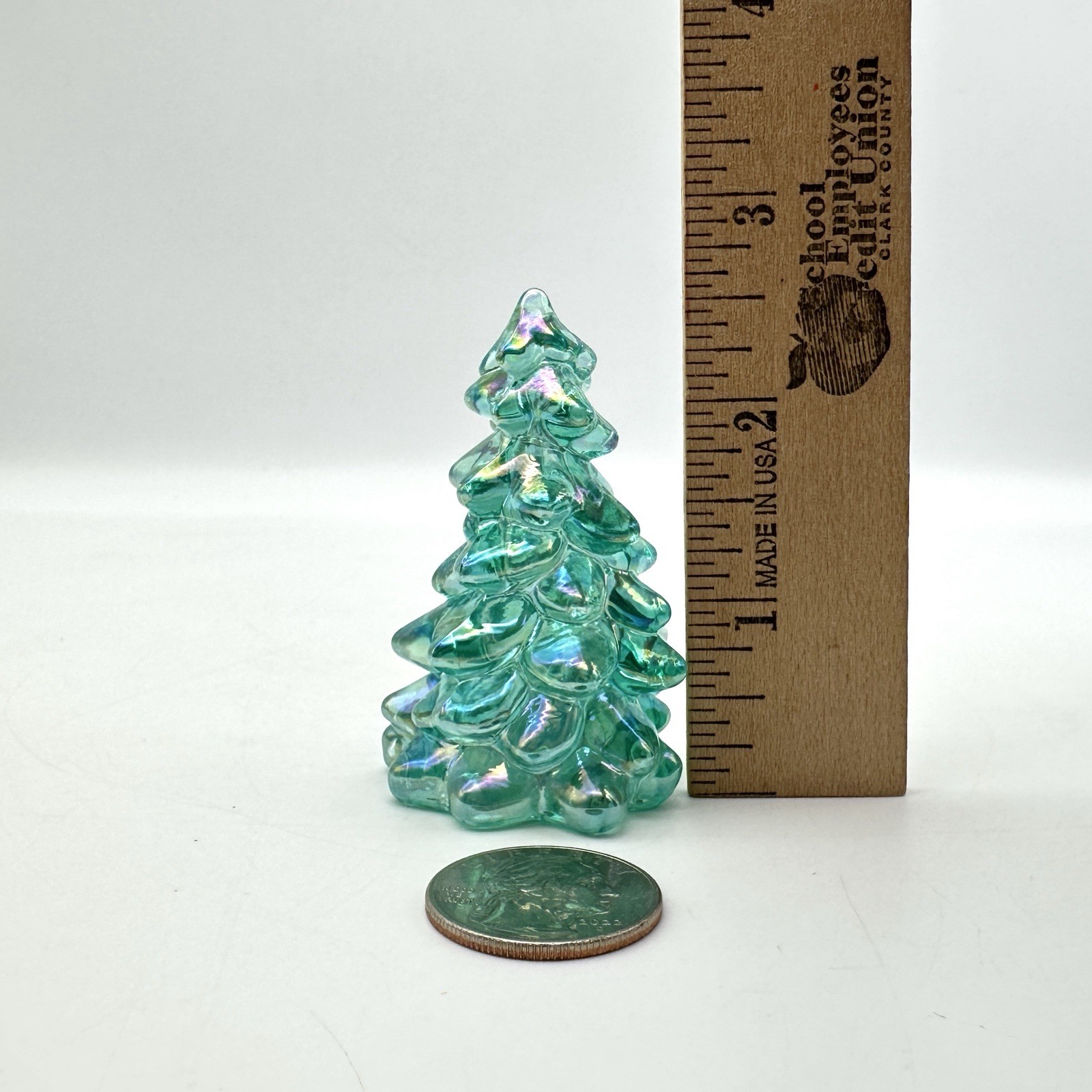 Mosser Mini Teal Carnival Glass Christmas Tree, 2 5/8” tall