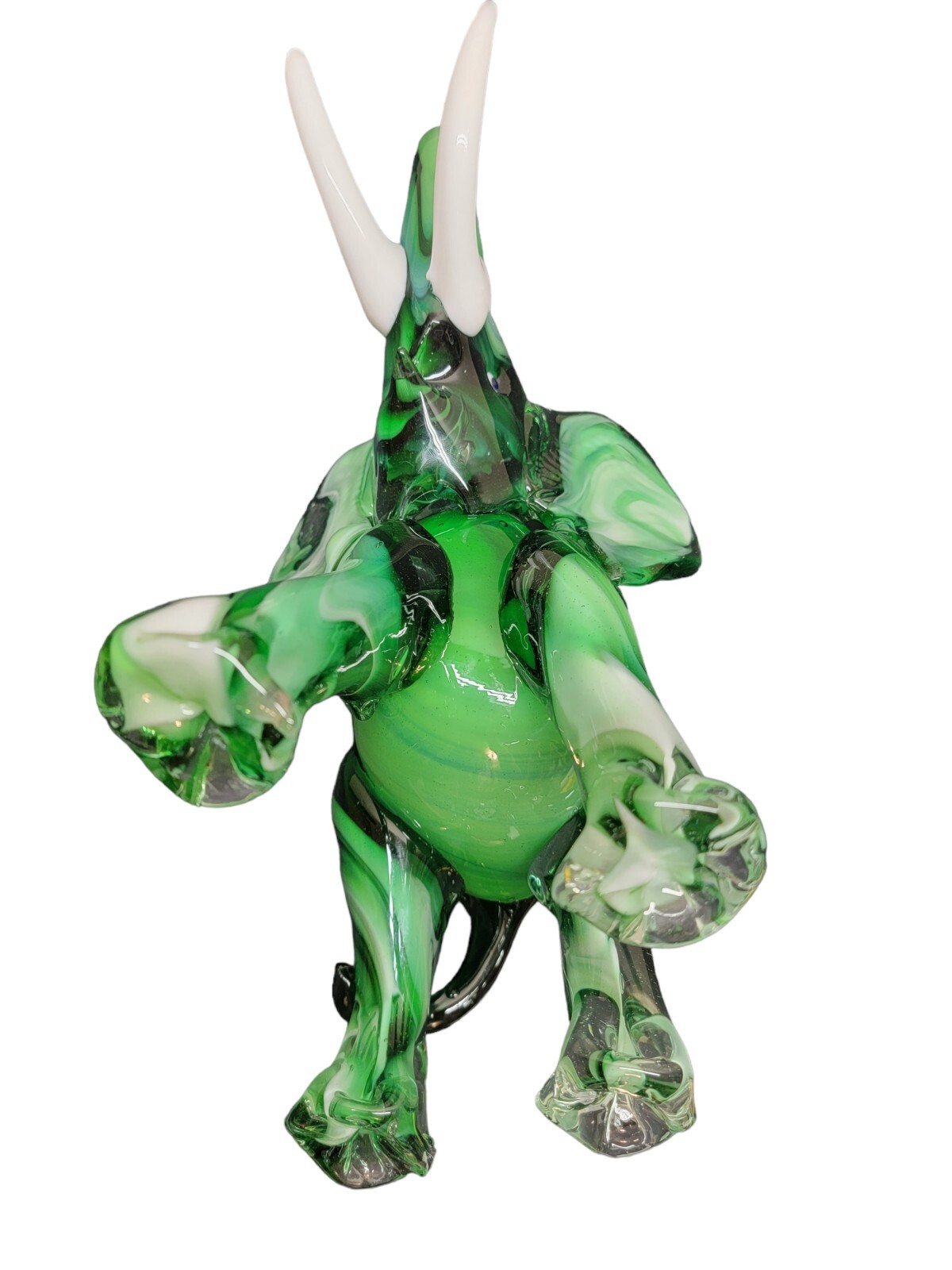 Vtg Hunter Green White Glass Elephant Trunk Up Tusk Figurine Murano Luck Fortune
